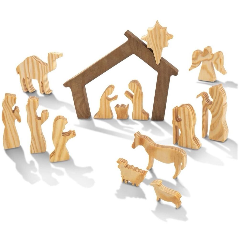 Wooden Nativity Set Hand Carved Style Natural Wood Christmas Tabletop Decor